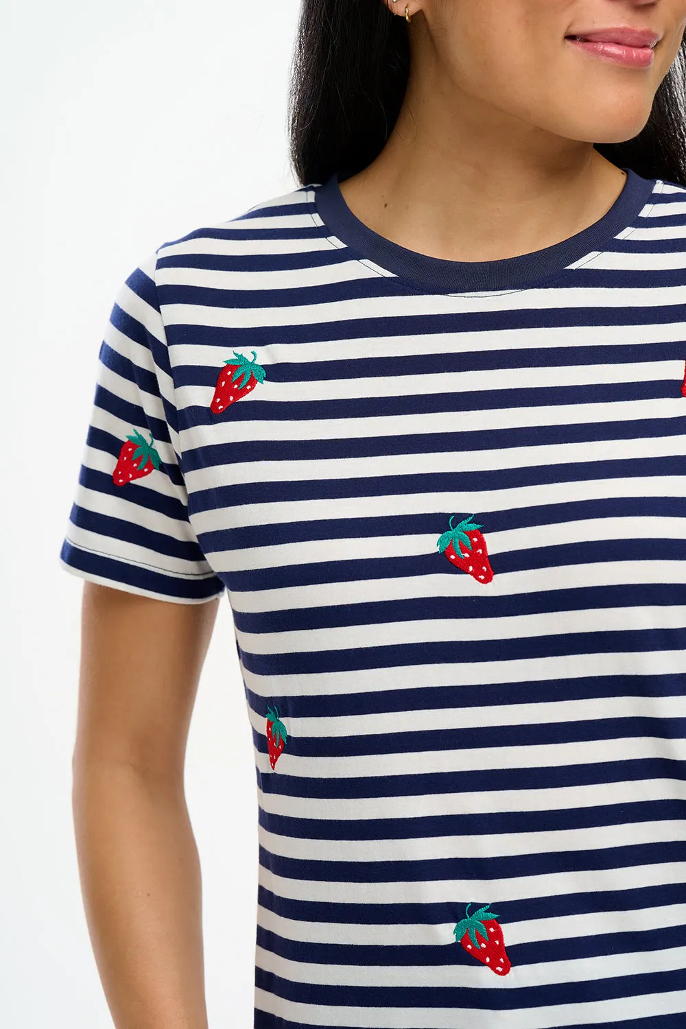 Maggie T-Shirt - Off-White/Navy, Strawberry Embroidery