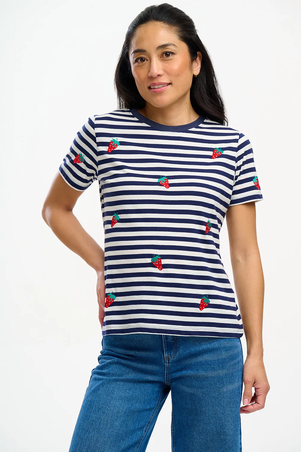 Maggie T-Shirt - Off-White/Navy, Strawberry Embroidery
