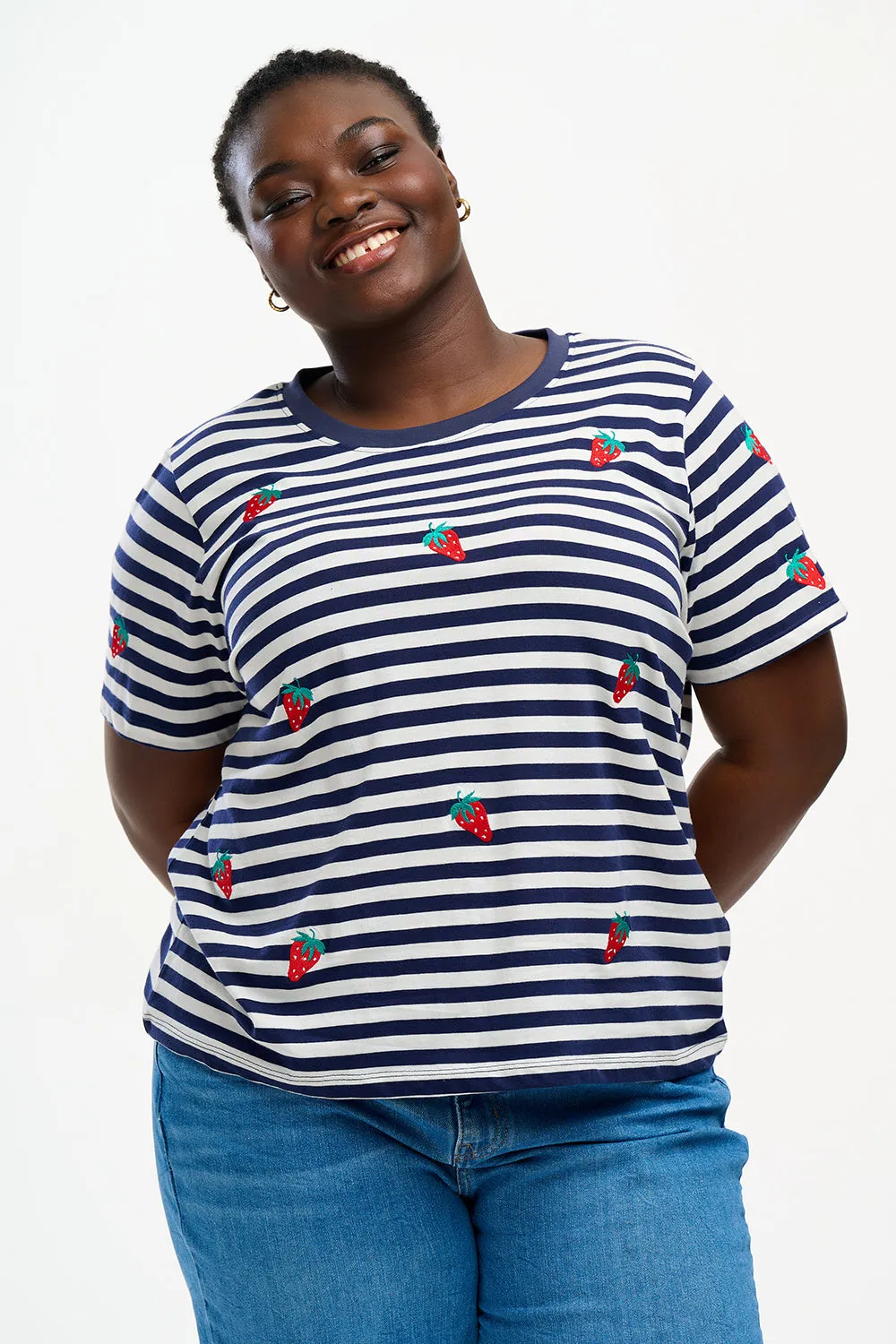 Maggie T-Shirt - Off-White/Navy, Strawberry Embroidery