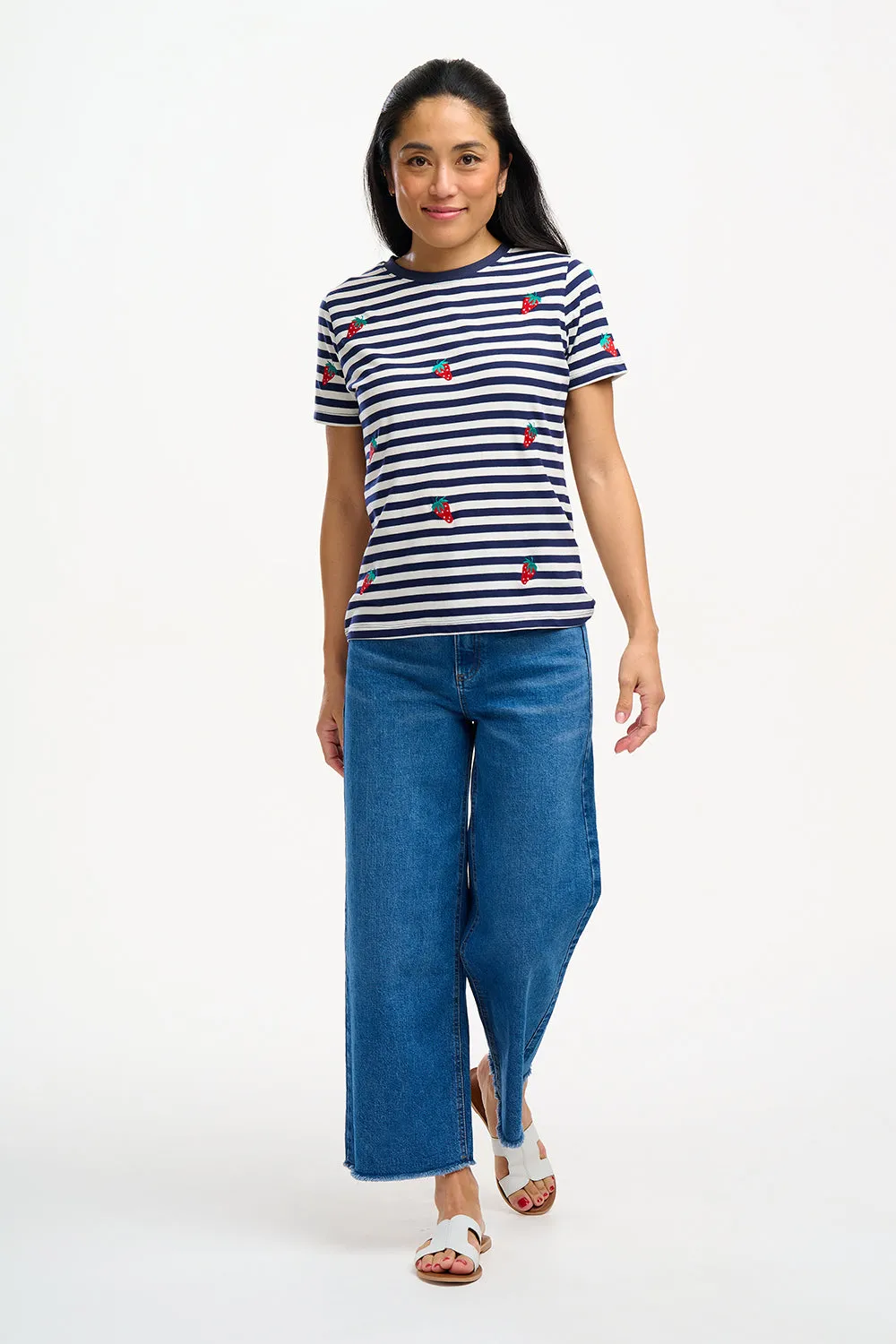 Maggie T-Shirt - Off-White/Navy, Strawberry Embroidery