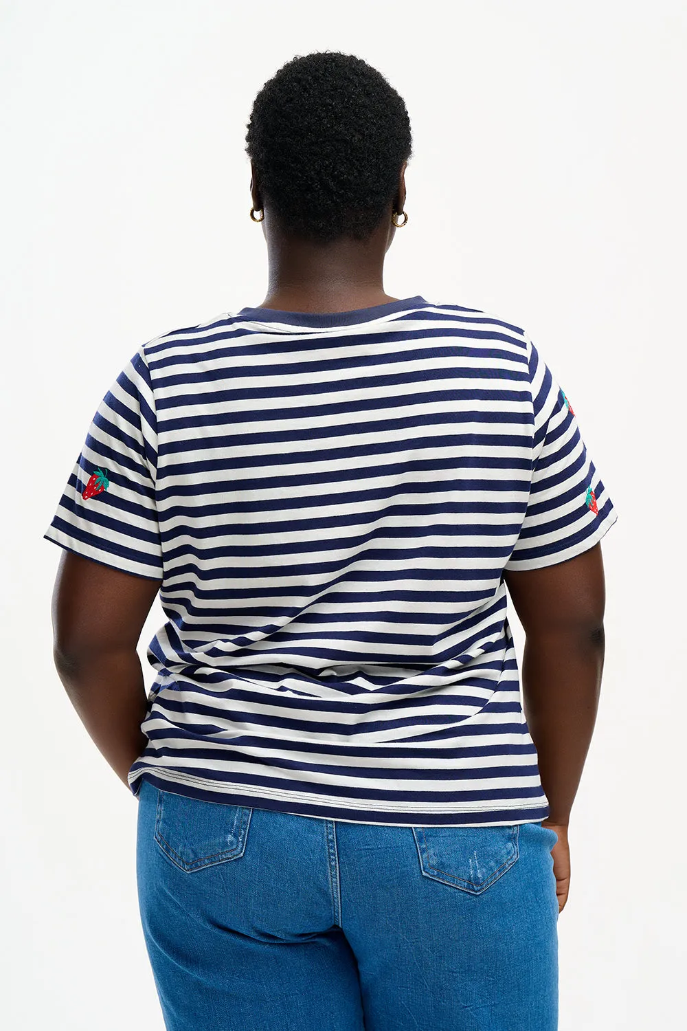 Maggie T-Shirt - Off-White/Navy, Strawberry Embroidery