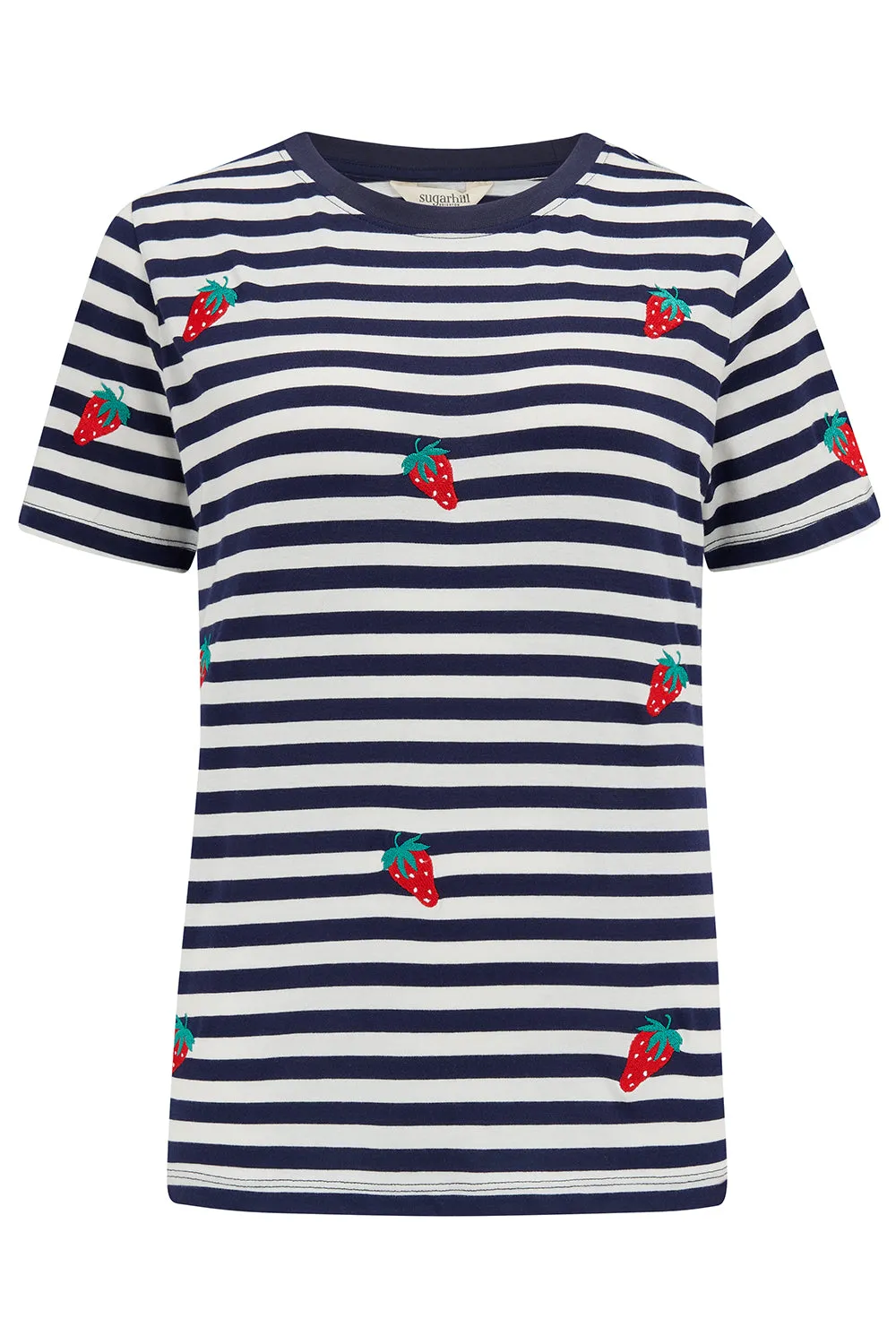 Maggie T-Shirt - Off-White/Navy, Strawberry Embroidery