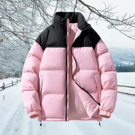 Men's Puffer Jacket Thickened Winter Warm Coat Stand Collar Color Block Zip Up Jacket Ski Bubble Coat Pockets