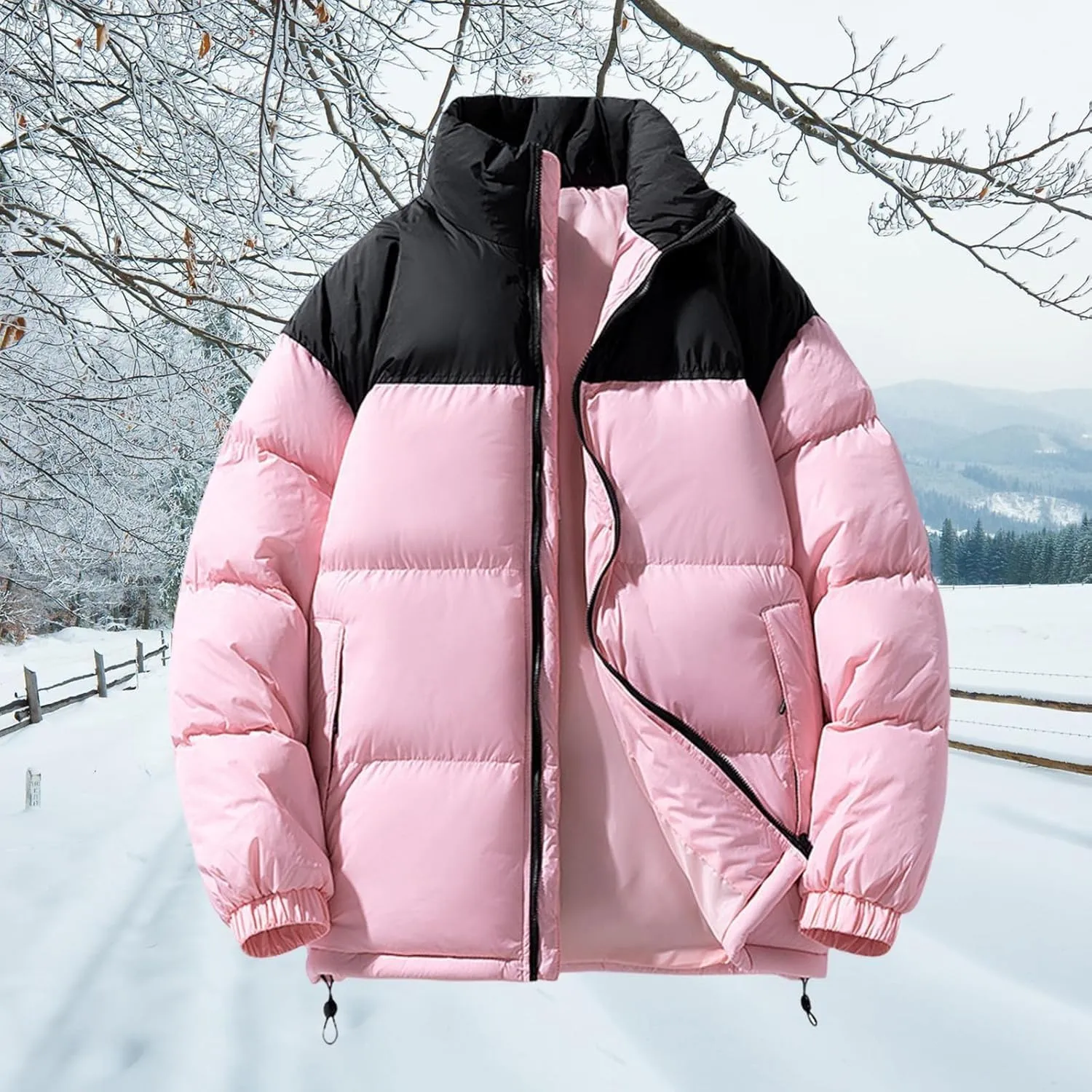 Men's Puffer Jacket Thickened Winter Warm Coat Stand Collar Color Block Zip Up Jacket Ski Bubble Coat Pockets