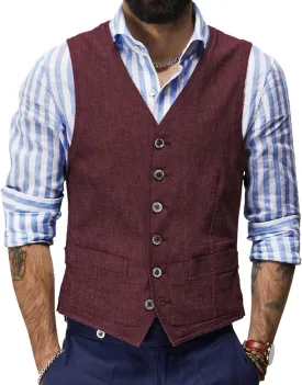 Men's Summer Linen Vest Casual Waistcoat Regular Fit Suit V Neck Vests for Party and Beach