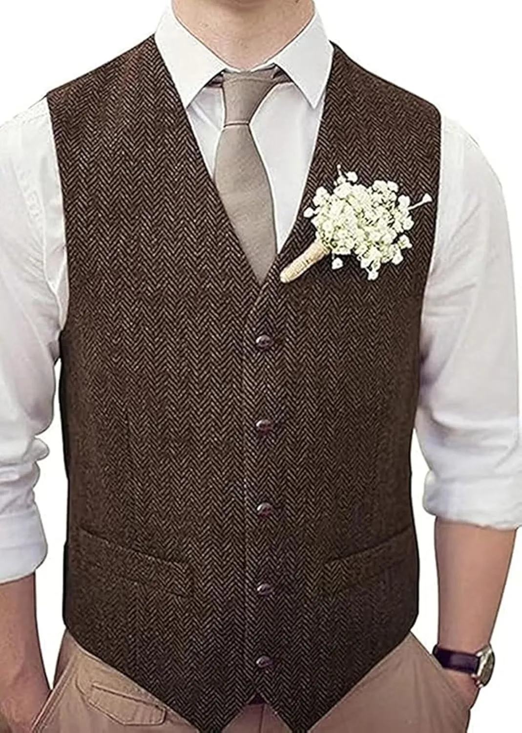 Men's Tweed Vest Herringbone Wool Waistcoat for Wedding Men Vests Formal Groom's Wear Suit Vest