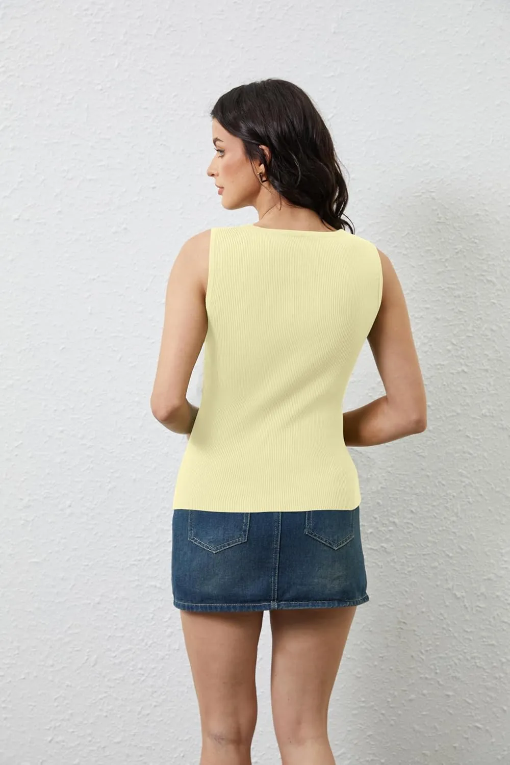 OLAPTA Women Asymmetrical Button Down Side Split Sleeveless Tank Tops Boat Neck Slim Fit Summer Casual Side Button Knit Vest
