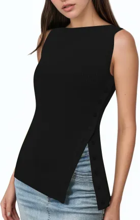 OLAPTA Women Asymmetrical Button Down Side Split Sleeveless Tank Tops Boat Neck Slim Fit Summer Casual Side Button Knit Vest