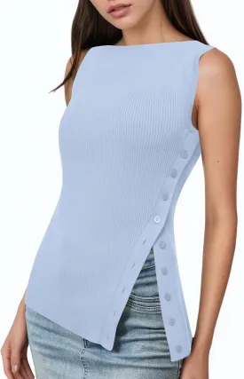 OLAPTA Women Asymmetrical Button Down Side Split Sleeveless Tank Tops Boat Neck Slim Fit Summer Casual Side Button Knit Vest