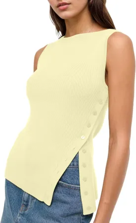OLAPTA Women Asymmetrical Button Down Side Split Sleeveless Tank Tops Boat Neck Slim Fit Summer Casual Side Button Knit Vest