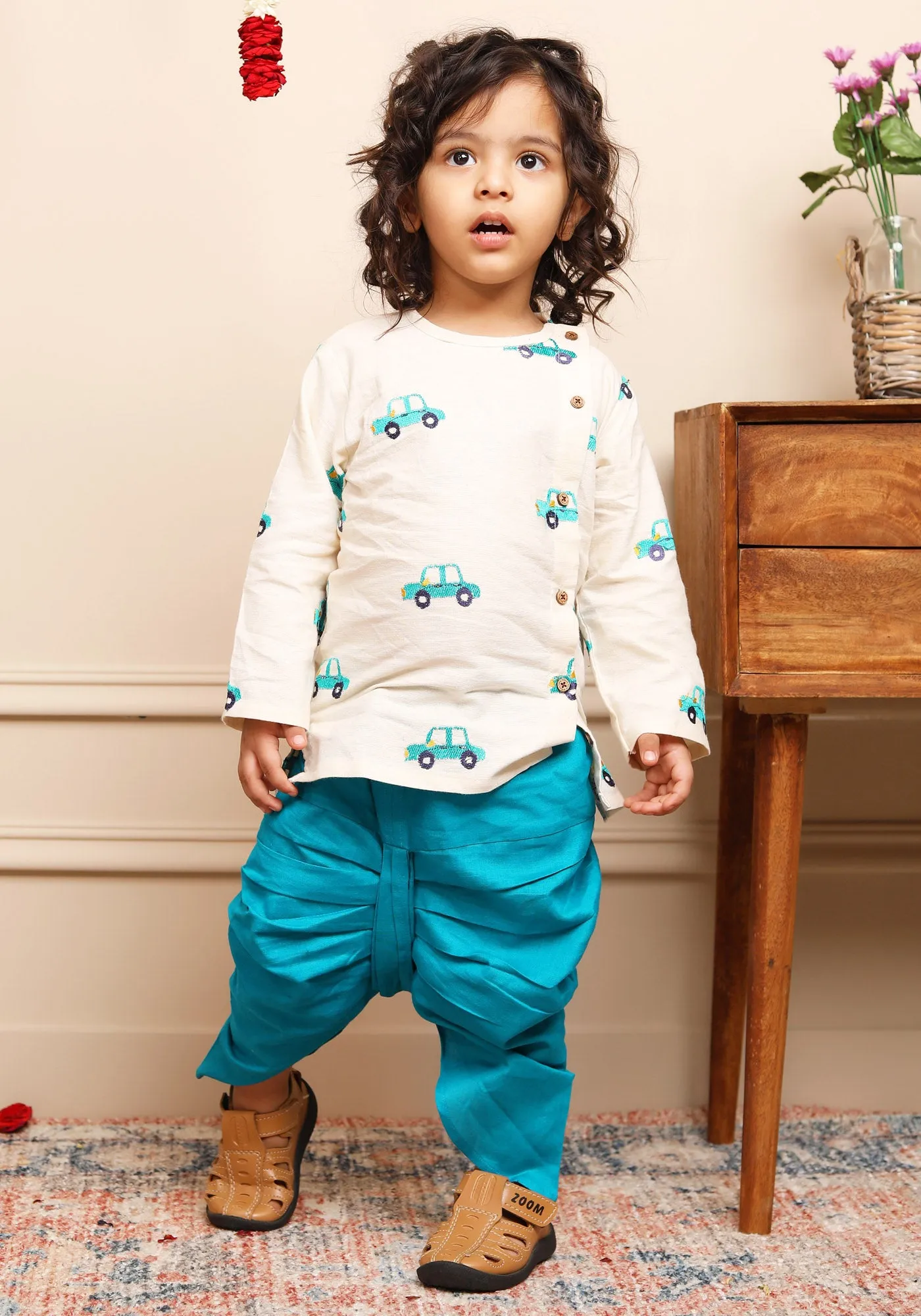 Polka Tots Full Sleeve Car Embroidery Angrakha Top With Dhoti - cream