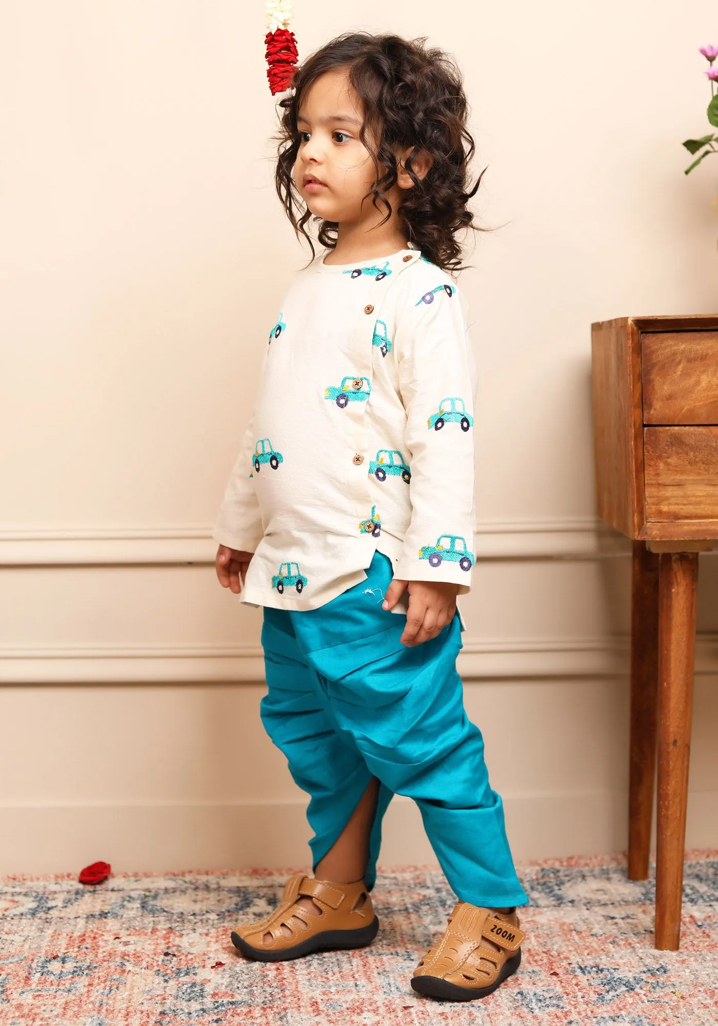 Polka Tots Full Sleeve Car Embroidery Angrakha Top With Dhoti - cream