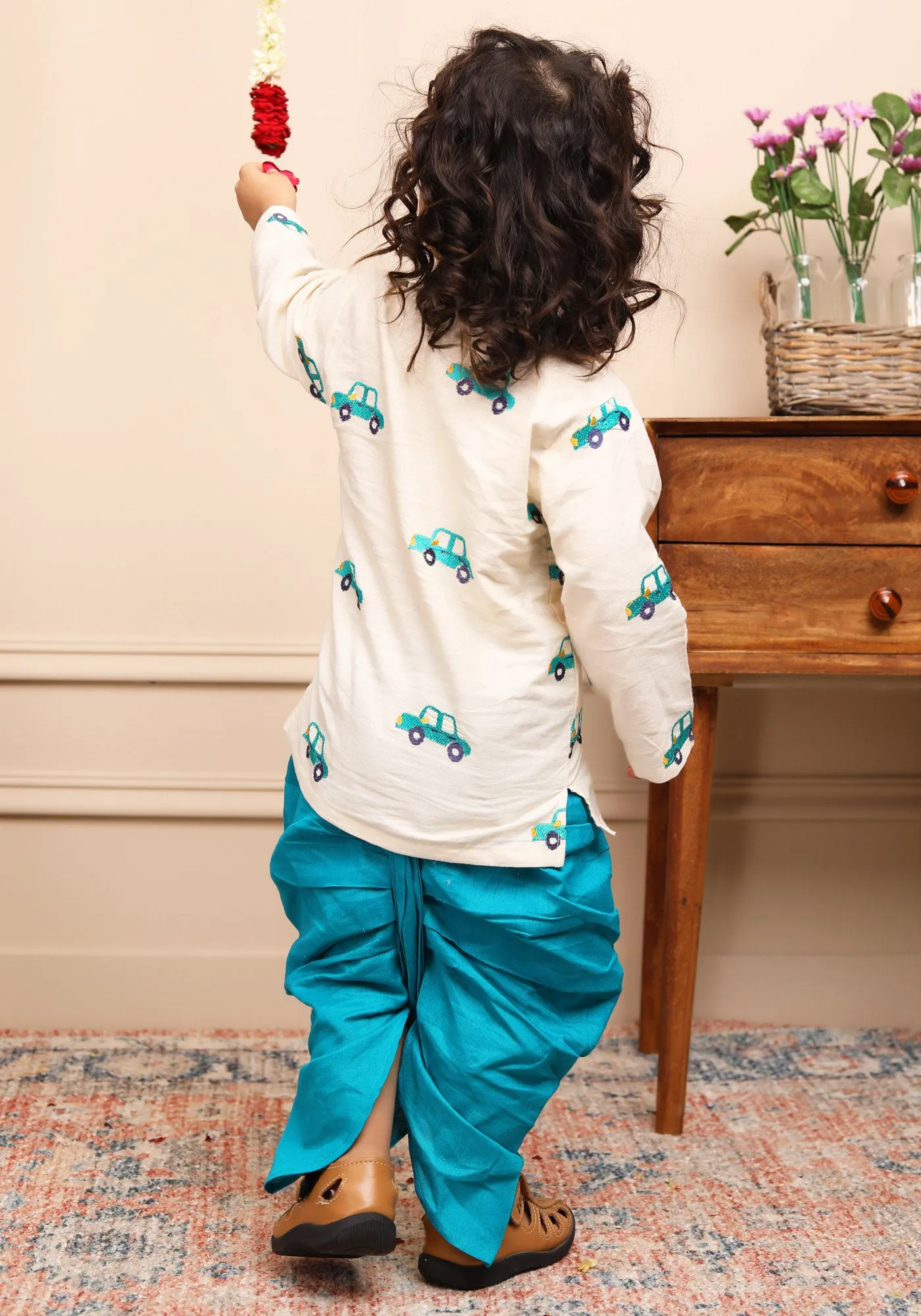 Polka Tots Full Sleeve Car Embroidery Angrakha Top With Dhoti - cream
