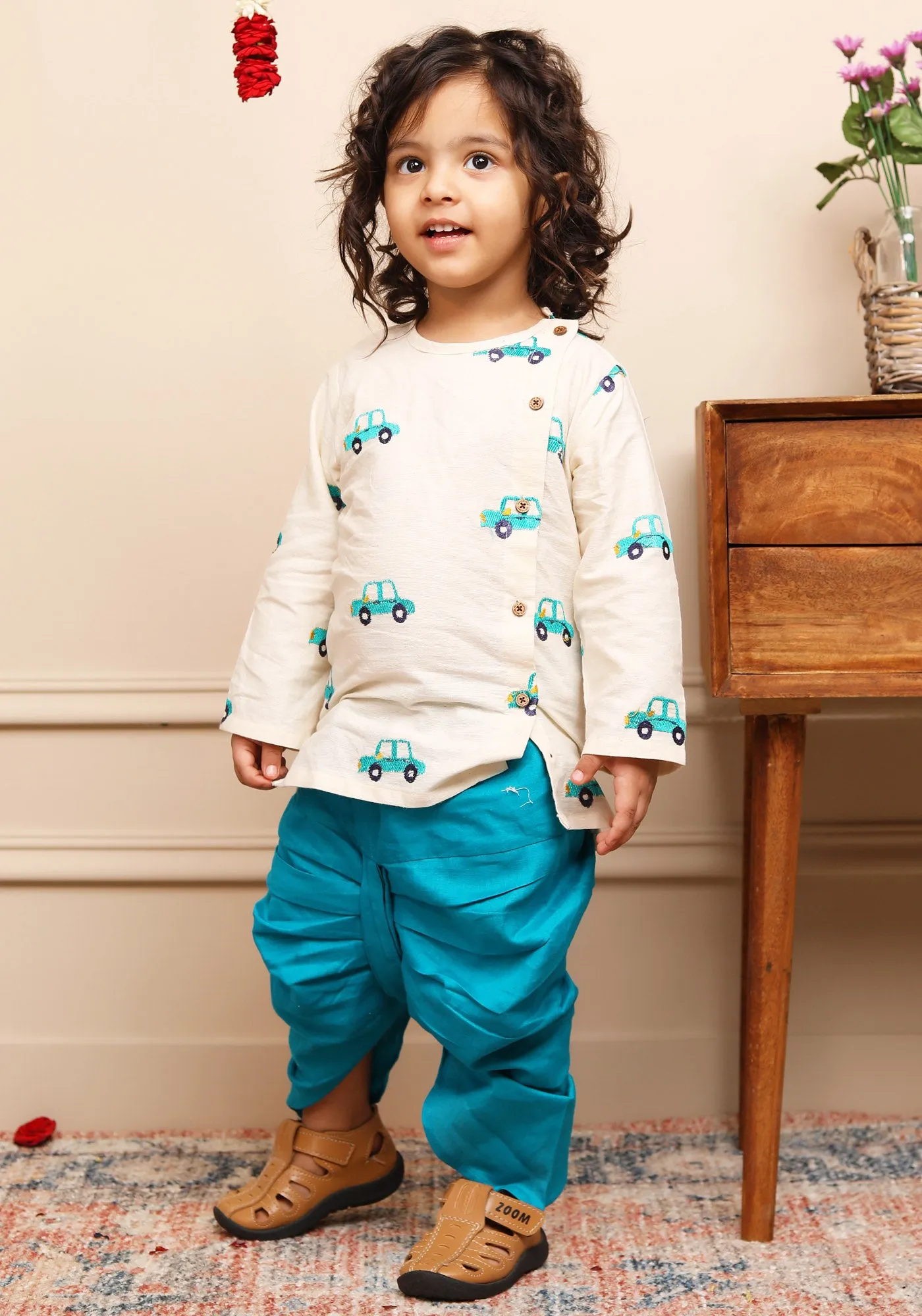 Polka Tots Full Sleeve Car Embroidery Angrakha Top With Dhoti - cream