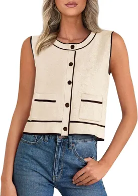 PRETTYGARDEN Vest For Women 2025 Summer Casual Button Down Color Block Sweater Vest Ribbed Knit Tank Tops With Pockets