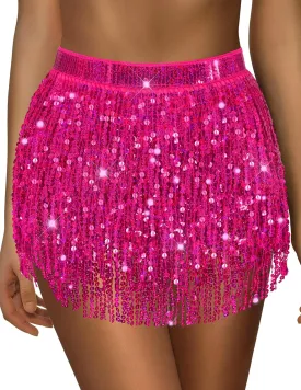 qikqik Sequin Skirt - Sparkly Tassel Fringe Skirt for Women - Belly Dance Wrap