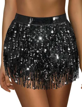 qikqik Sequin Skirt - Sparkly Tassel Fringe Skirt for Women - Belly Dance Wrap