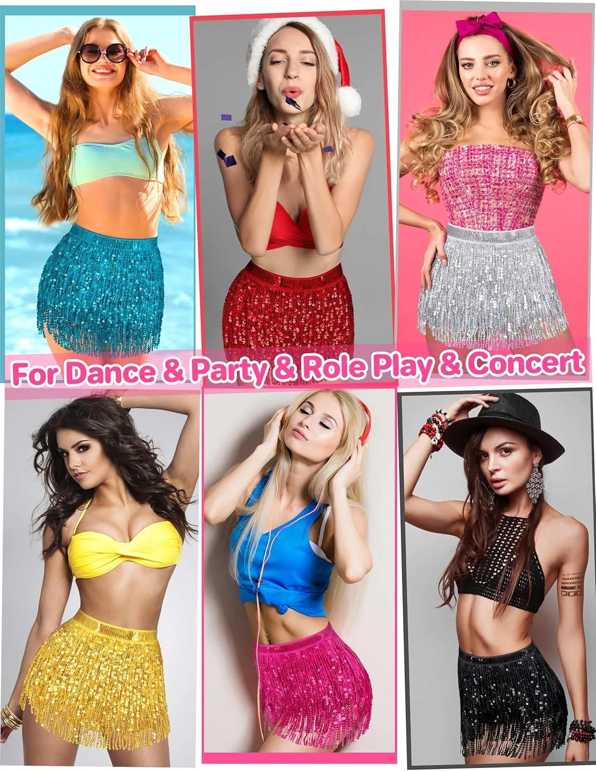 qikqik Sequin Skirt - Sparkly Tassel Fringe Skirt for Women - Belly Dance Wrap