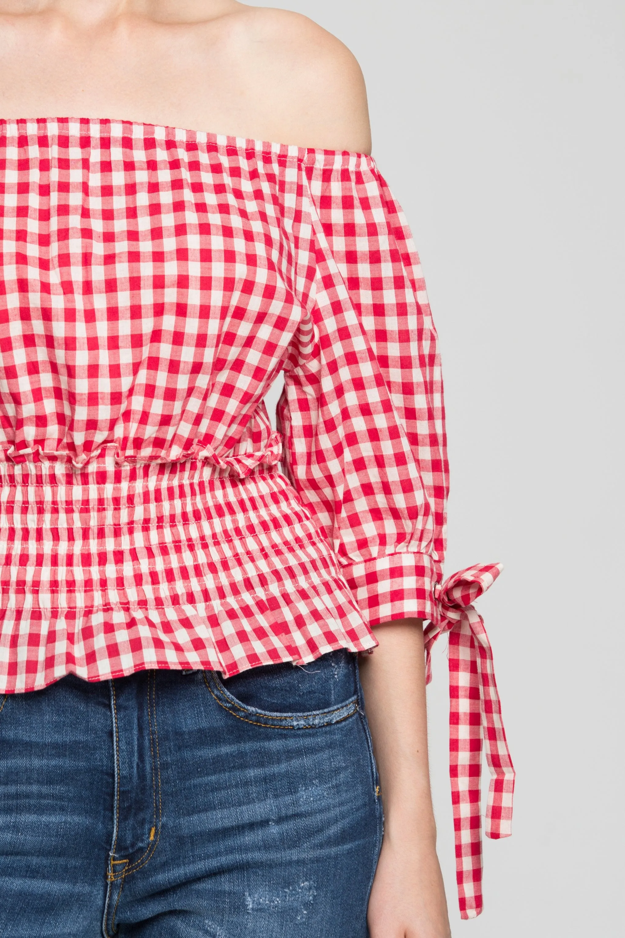 Red and White Smocked Waist Gingham Top