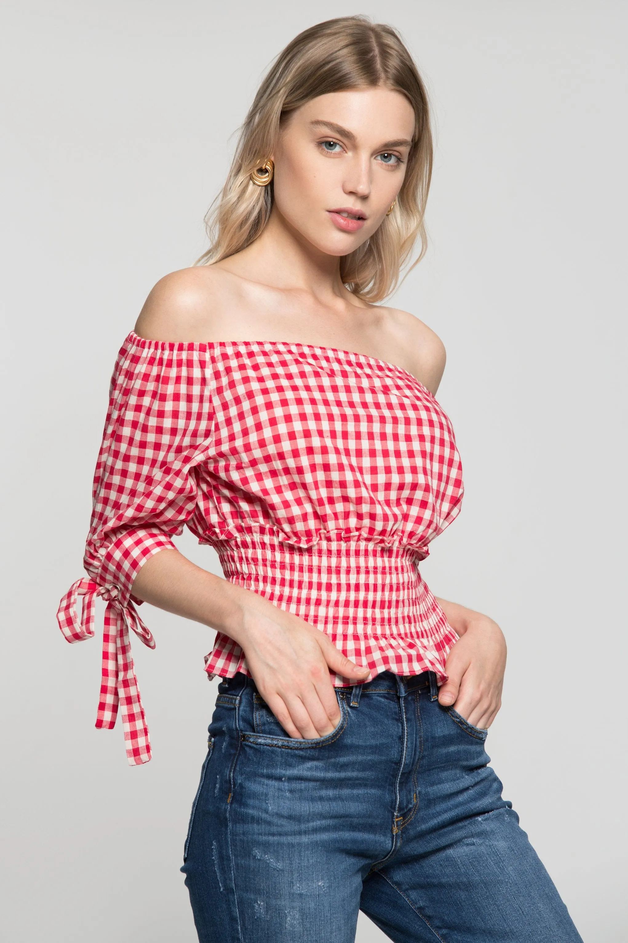 Red and White Smocked Waist Gingham Top