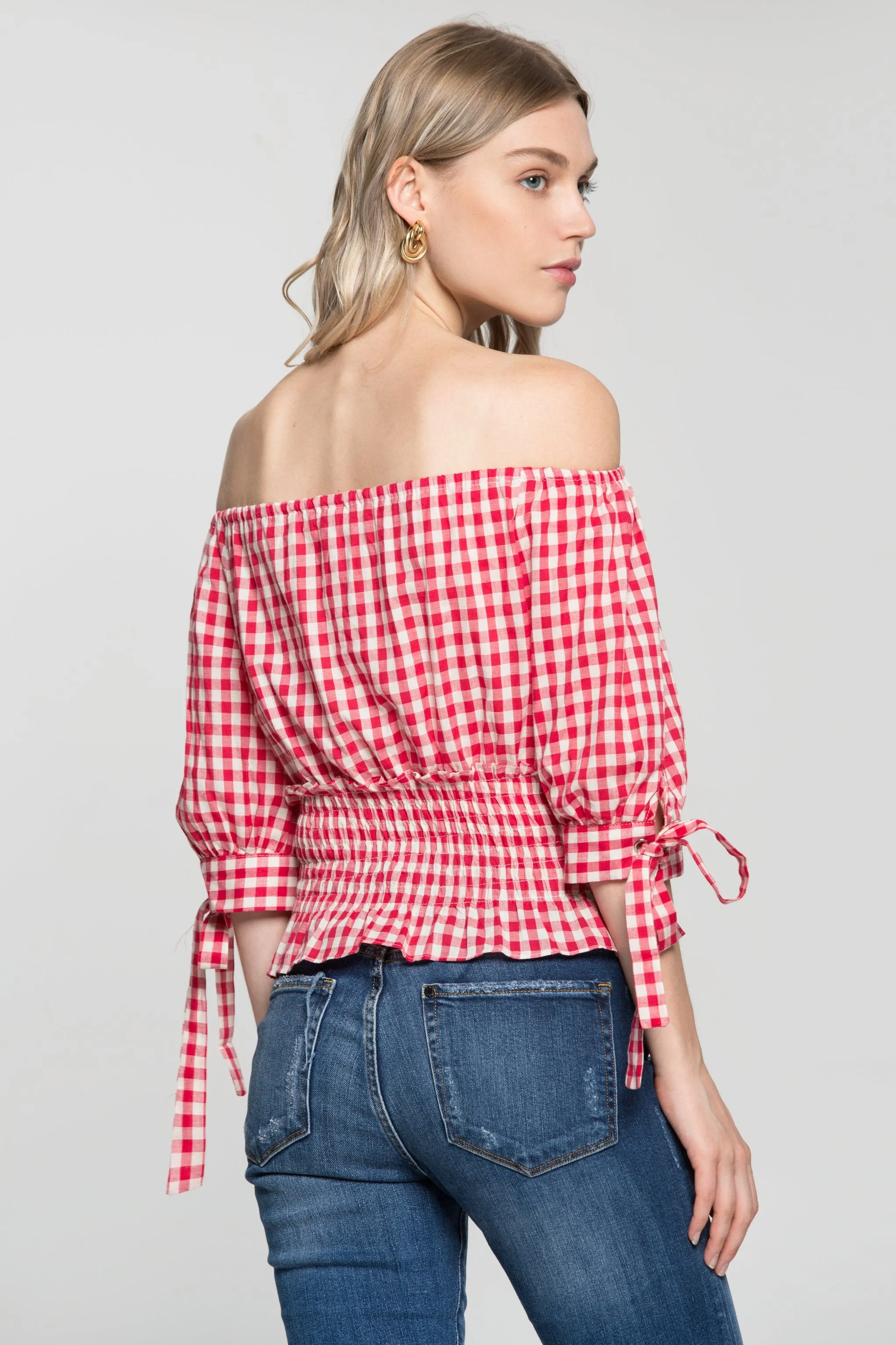 Red and White Smocked Waist Gingham Top