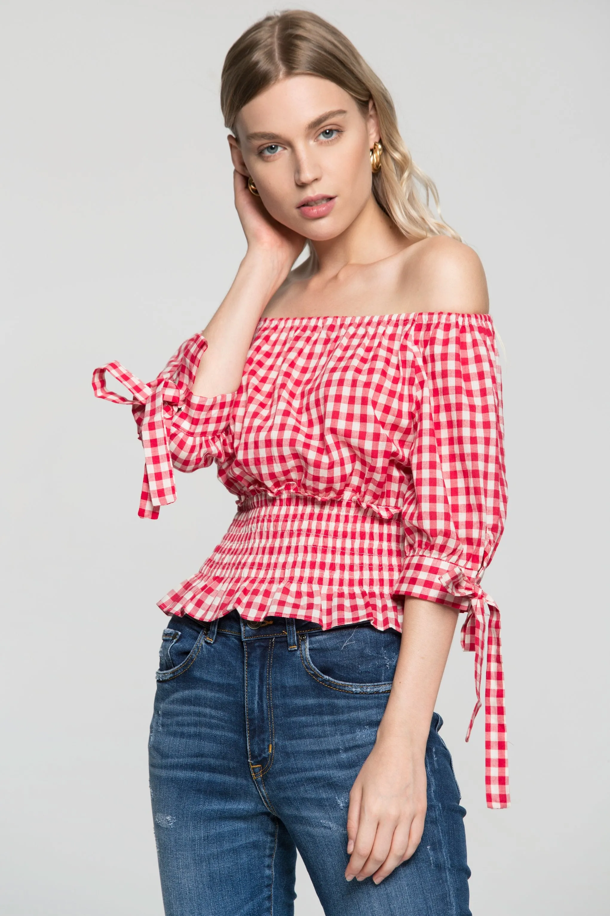Red and White Smocked Waist Gingham Top