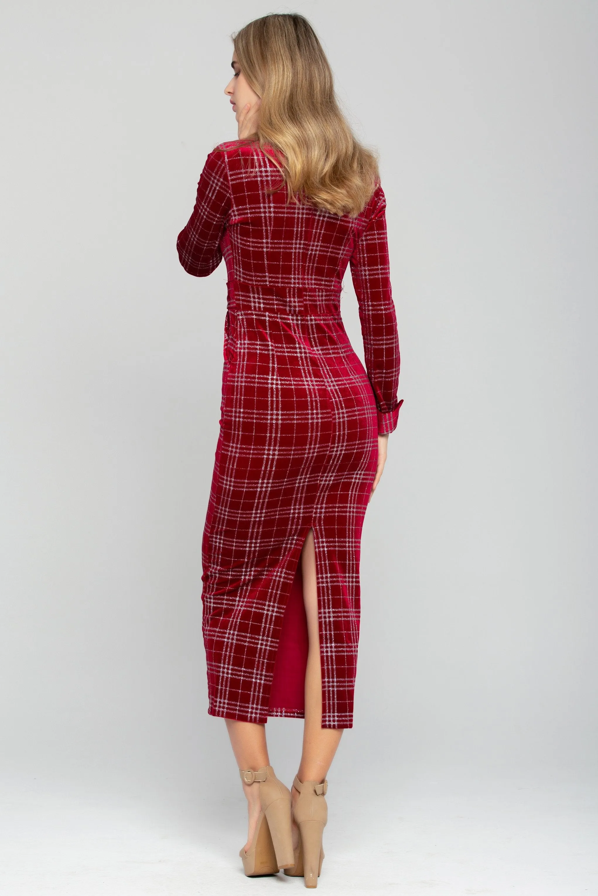 Red and White Tartan Print Belted Midi Dress
