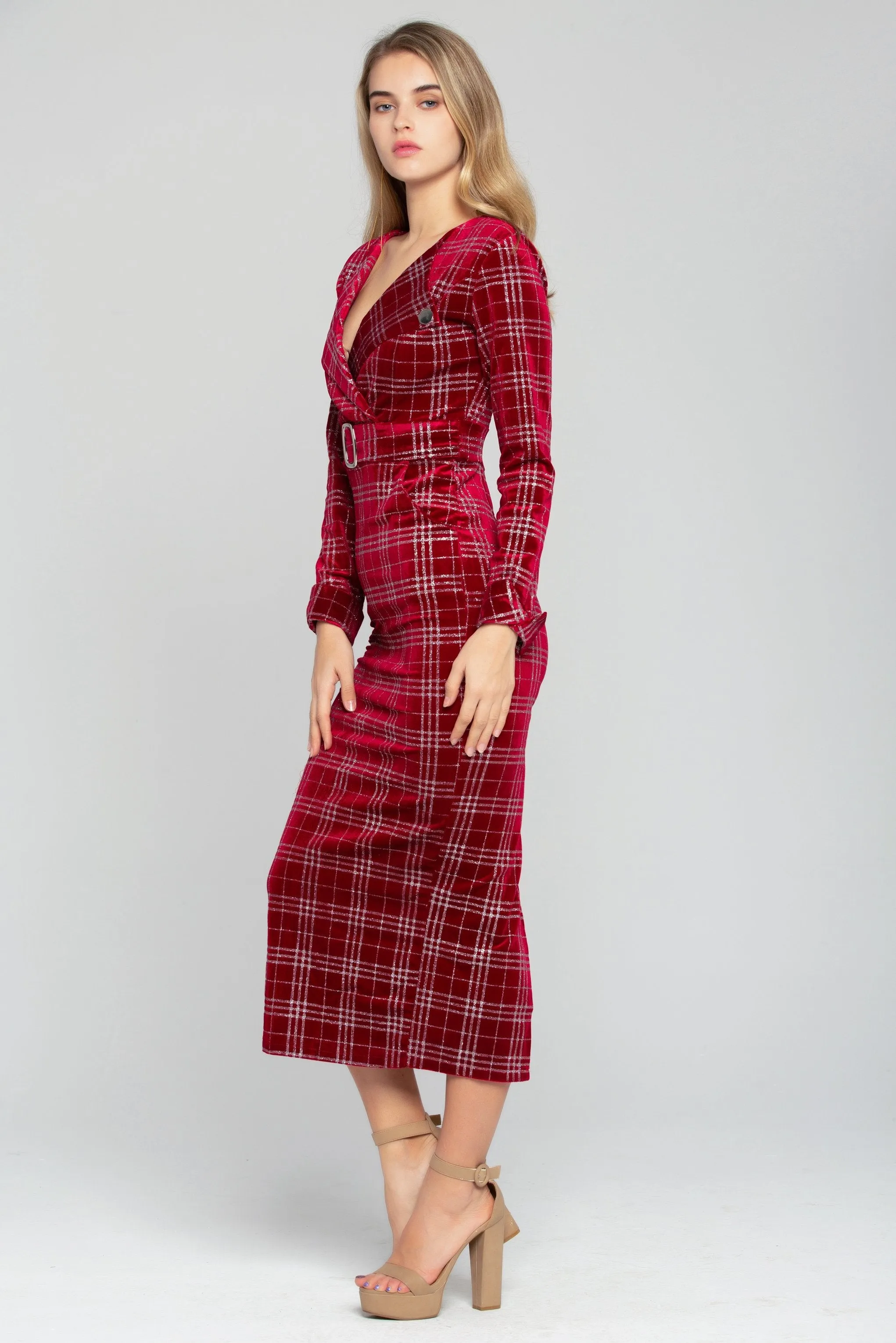 Red and White Tartan Print Belted Midi Dress