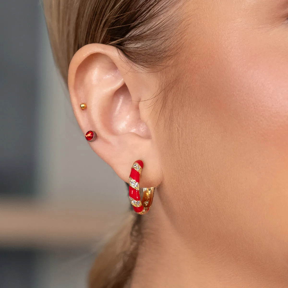 Red Bezel Titanium Stud Earrings