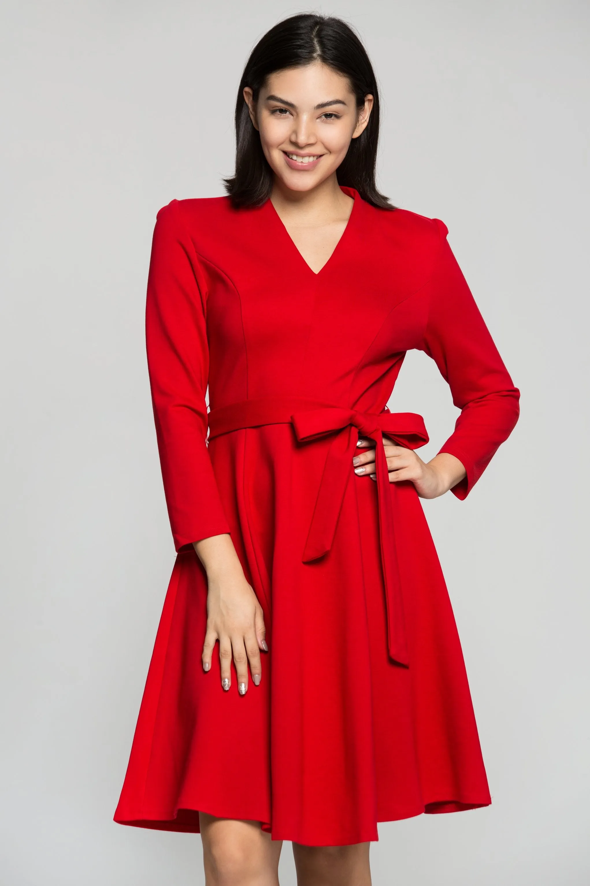 Red Midi Dress with Bow Belt