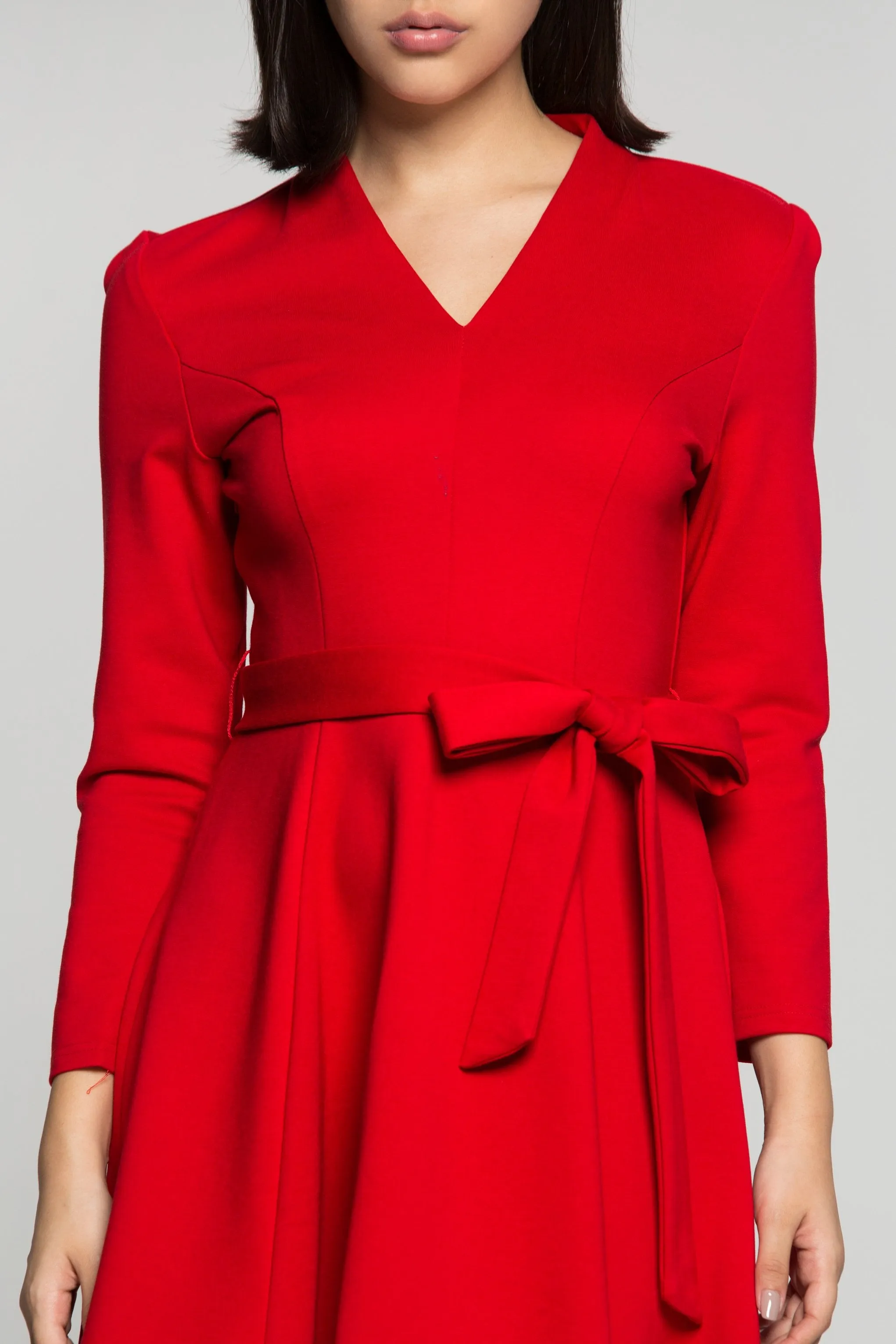 Red Midi Dress with Bow Belt