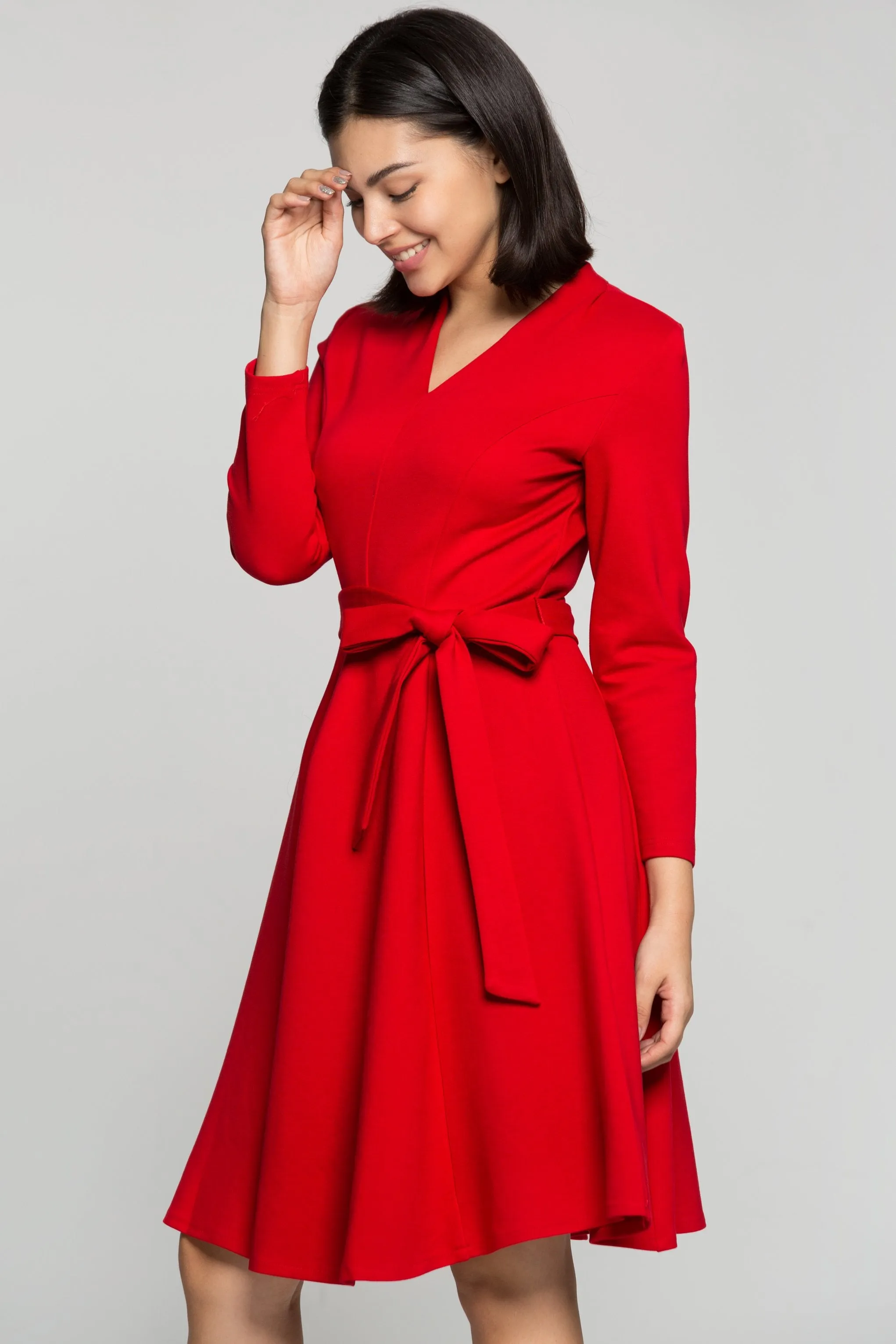 Red Midi Dress with Bow Belt