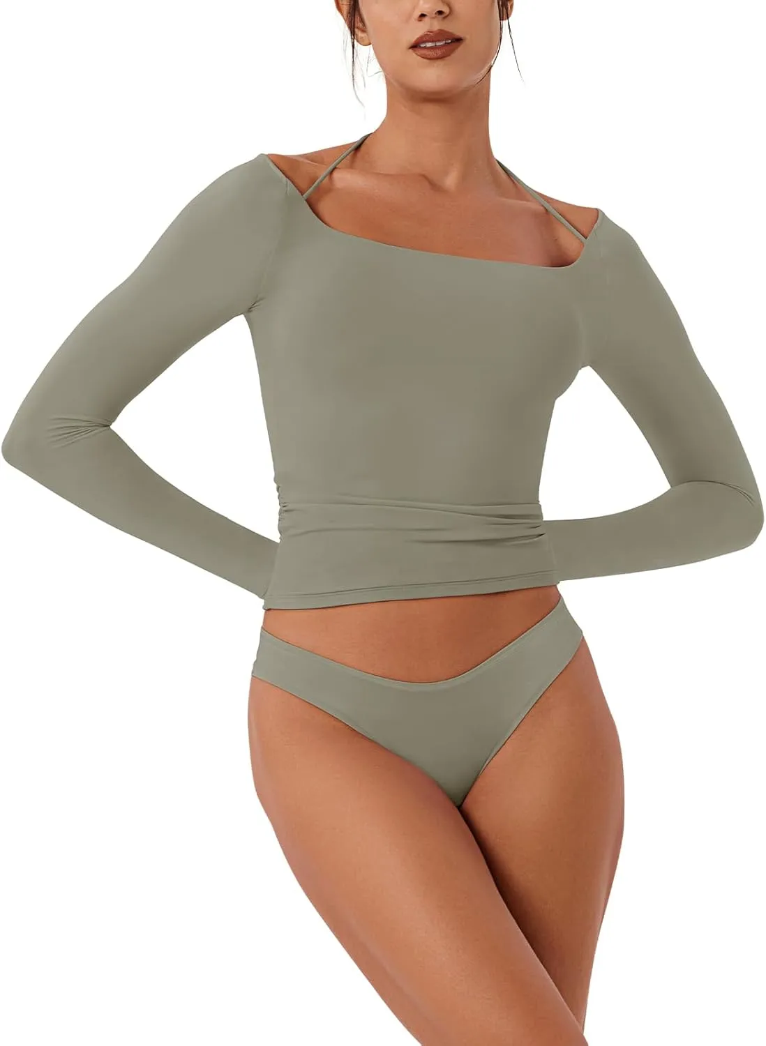 REORIA Women's Long Sleeve Square Neck Top Double Layer Reversible Sexy Crop Tops 2025 Fall/Winter Designer Collection