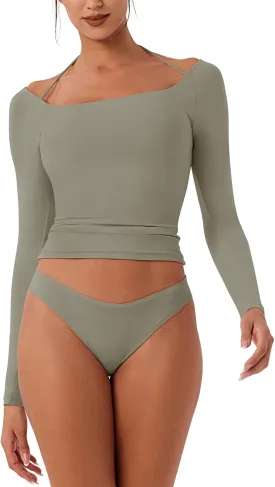 REORIA Women's Long Sleeve Square Neck Top Double Layer Reversible Sexy Crop Tops 2025 Fall/Winter Designer Collection