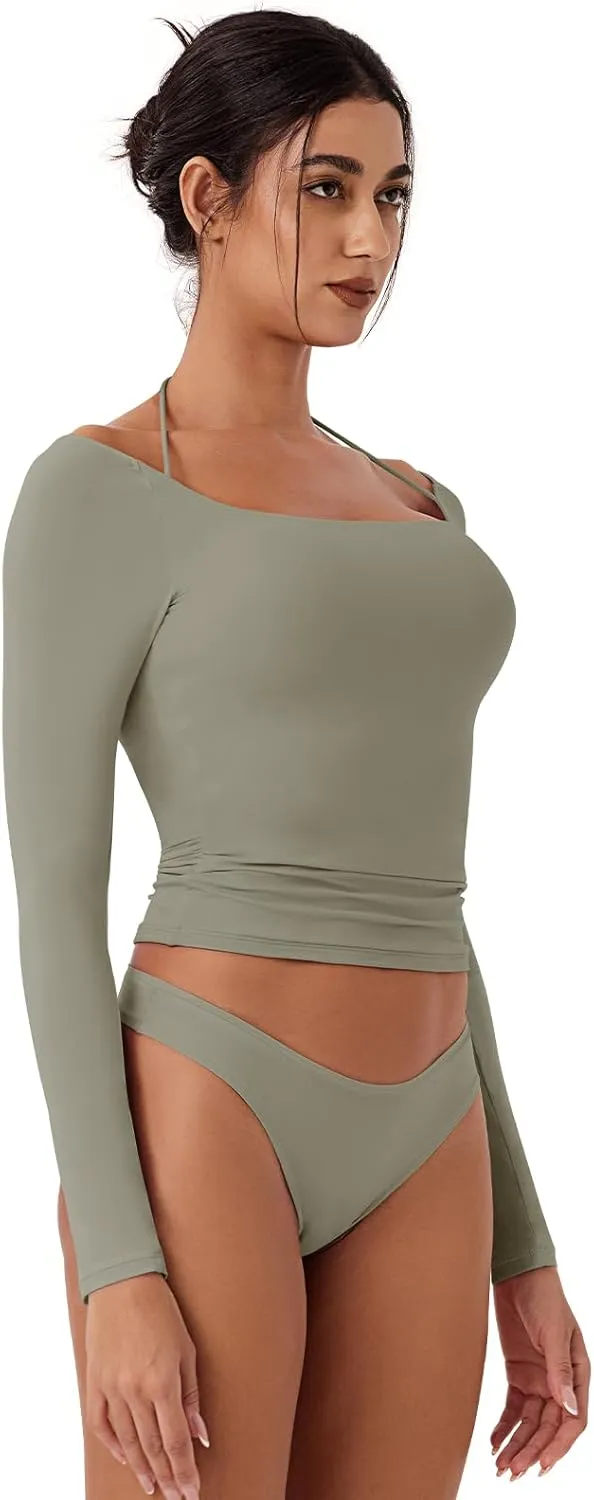 REORIA Women's Long Sleeve Square Neck Top Double Layer Reversible Sexy Crop Tops 2025 Fall/Winter Designer Collection