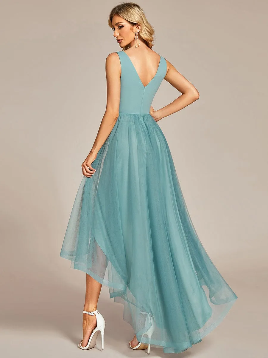 Sleeveless Tulle High Low Prom Dress with Waist Chain