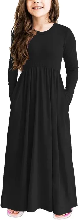 storeofbaby Girls Casual Maxi Floral Dress Long Sleeve Holiday Dresses with Pockets