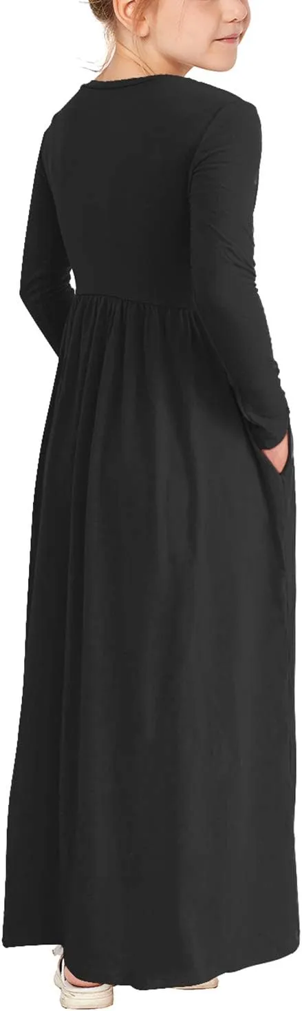 storeofbaby Girls Casual Maxi Floral Dress Long Sleeve Holiday Dresses with Pockets