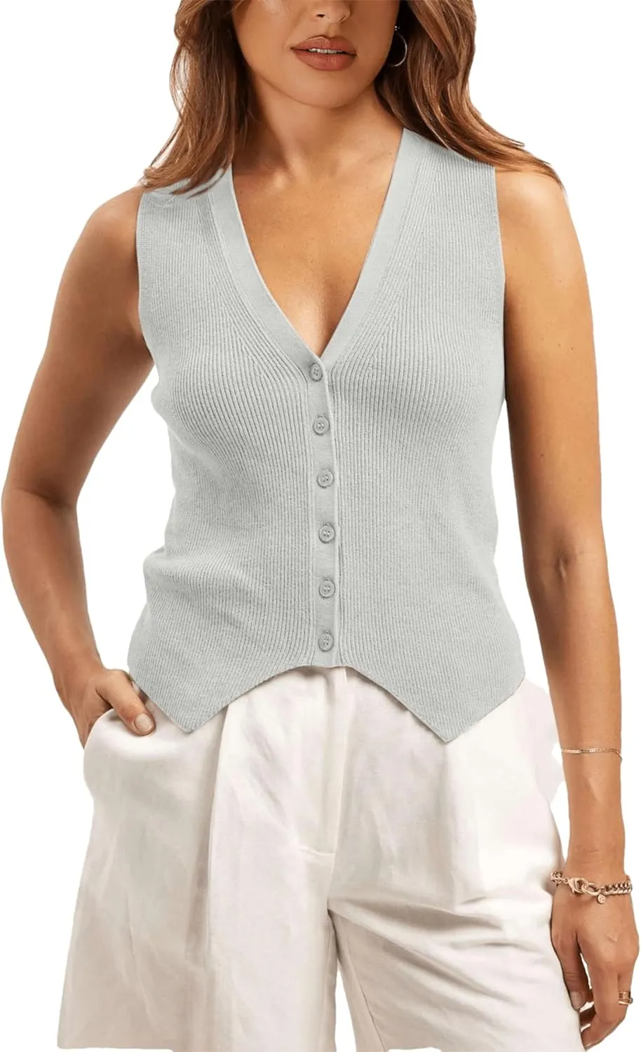 Sweater Vest Women Casual V Neck Button Down Sleeveless Knit Cardigan Vest Tank Tops Streetwear