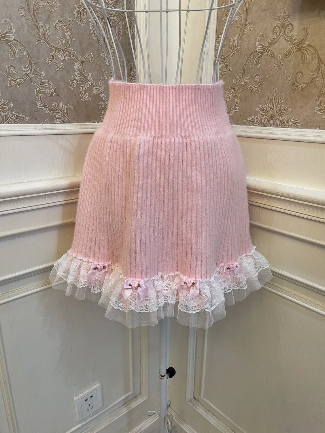 Sweetheart Princess Fantasy Flower White Halter Neck Knit Sweater Top & Pink Skirt Two Piece Set