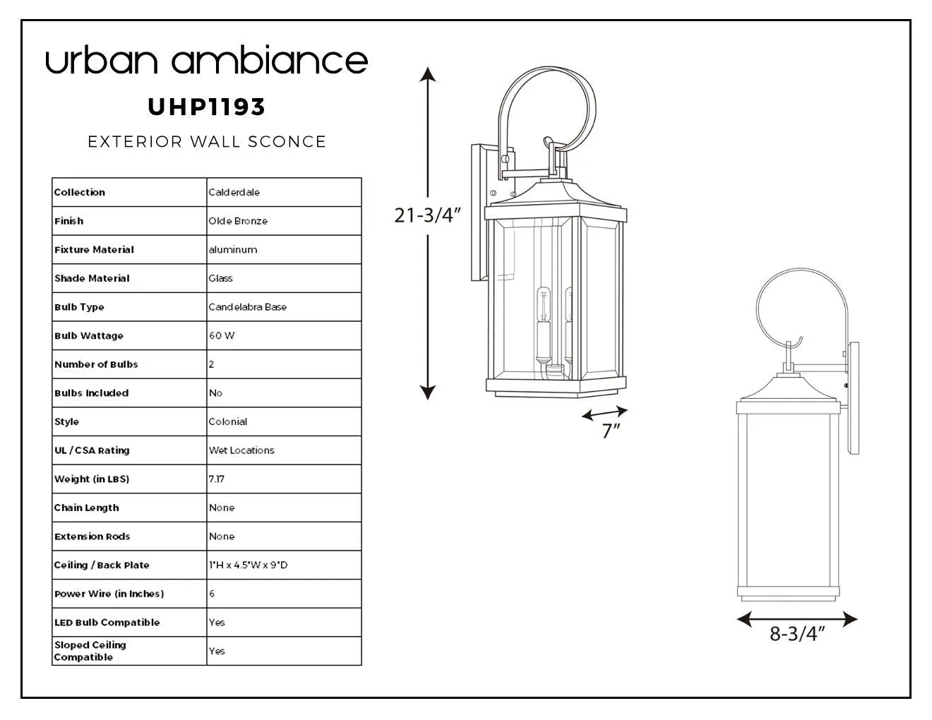 UHP1193 Colonial Outdoor Wall Light, 21-3/4" x 7", Olde Bronze Finish, Calderdale Collection