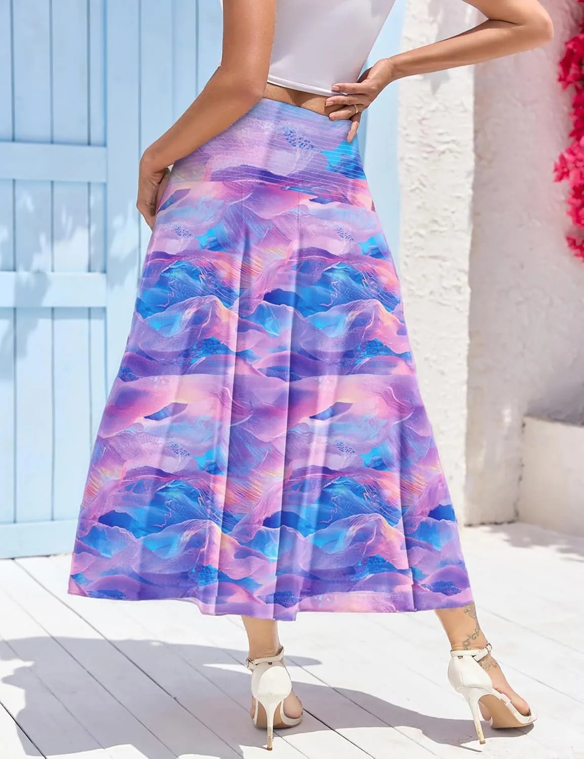 WeciBor Women's Novelty Maxi Skirts with Pockets Midi Long Elastic Waist Flowy A-Line Skirts for Daily Travel Office Party