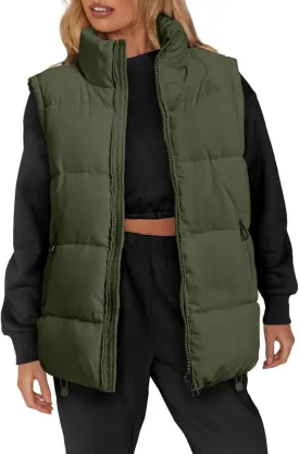 WHN Womens Puffer Vest 2024 Winter Zip Up Oversized Padded Puffy Jacket Coat with Pockets