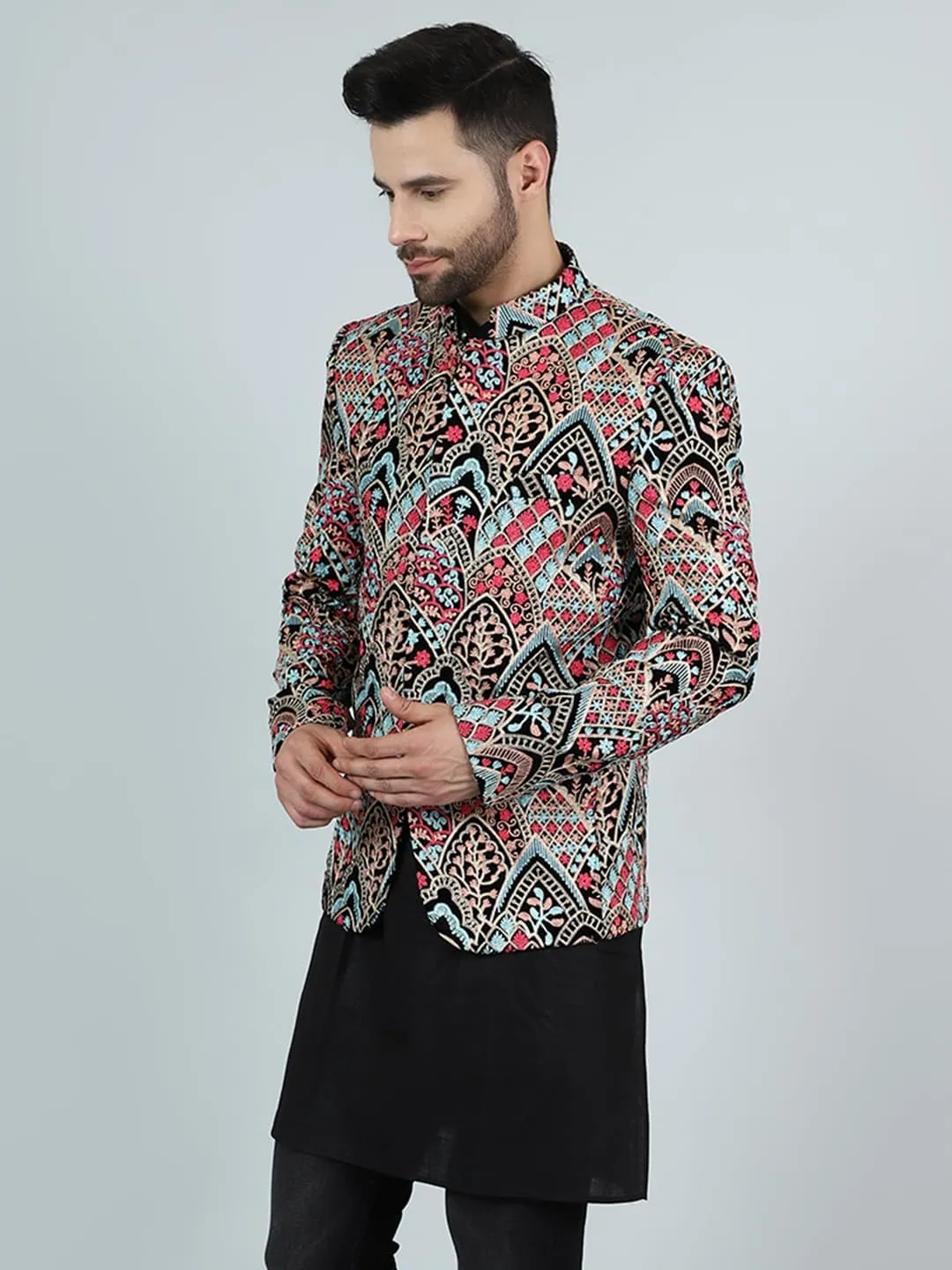 WINTAGE Men's Embroidered Velvet Bandhgala