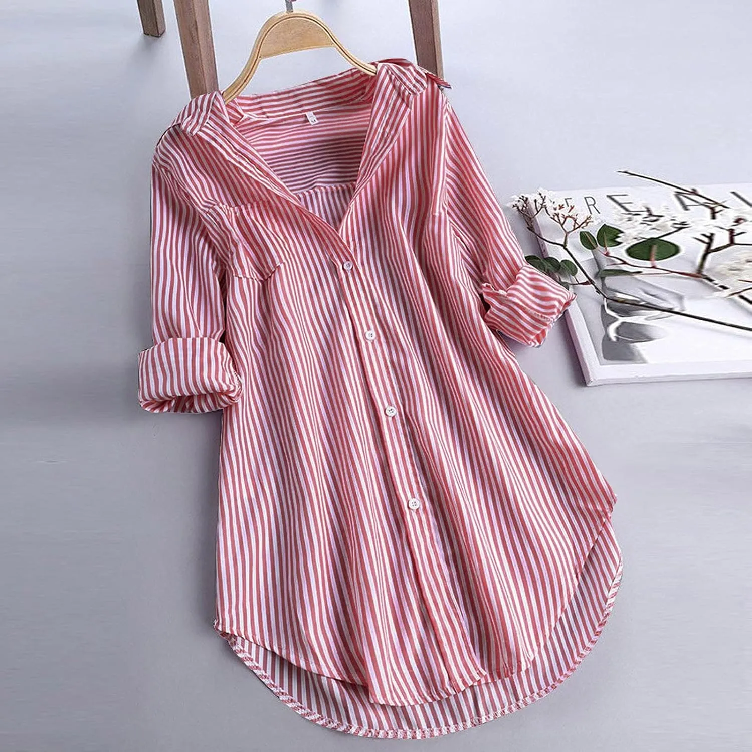 Womens Button Down Shirts Plus Size V Neck Long Sleeve Tunis Dressy Casual Striped Spring Summer Tops Flowy Cover Ups