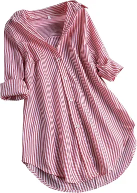 Womens Button Down Shirts Plus Size V Neck Long Sleeve Tunis Dressy Casual Striped Spring Summer Tops Flowy Cover Ups