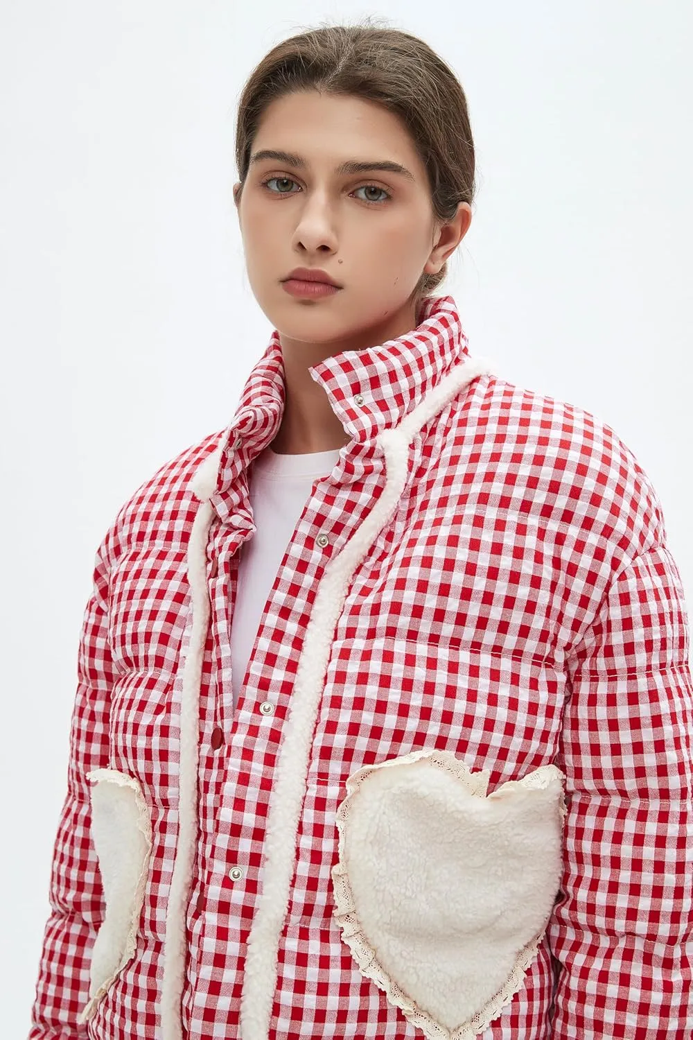 Womens Cropped Puffer Jacket Winter Gingham Plaid Button Down Long Sleeve Padded Coat with Heart Pockets