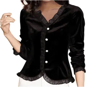 Women's Lace Trim Velvet Tops V Neck Button Down Shirts Long Sleeve V Neck Work Top Solid Vintage Classy Blouses