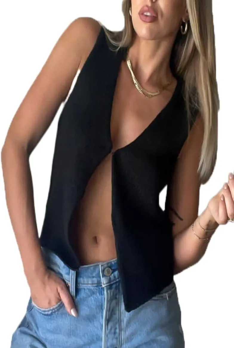 Womens Vintage Knittd Tank Y2k Vest Crop Top Sleeveless V-Neck Open Front Button Crochet Knit Vests Versatile Tops