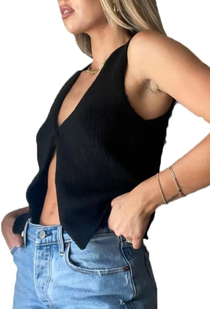 Womens Vintage Knittd Tank Y2k Vest Crop Top Sleeveless V-Neck Open Front Button Crochet Knit Vests Versatile Tops